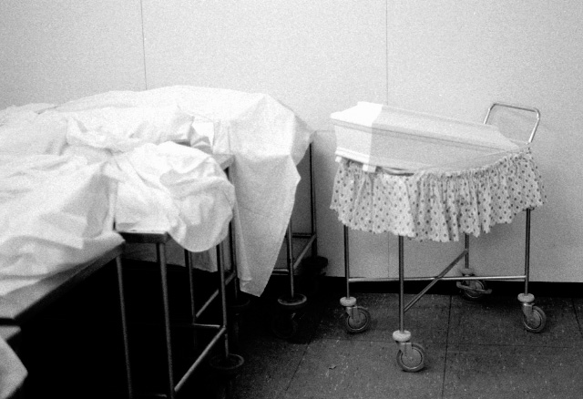 Child coffin on a carriage in the morgue