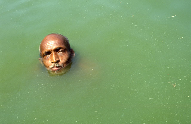 man´s head in green water in the holy pool Kutithirta Gokarna India polluted water by alga algae
