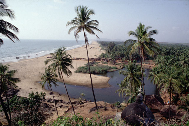 Gokarna beach karnataka india, photographed in 1987 from Maneshwara temple, the lagoon is actually a latrine