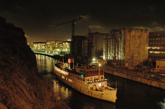 Boat in a canal in Stockholm at night