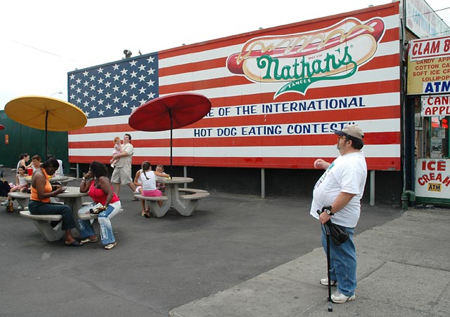 American flag, Nathan´s hot dog ad. International hot dog eating contest Coney Island