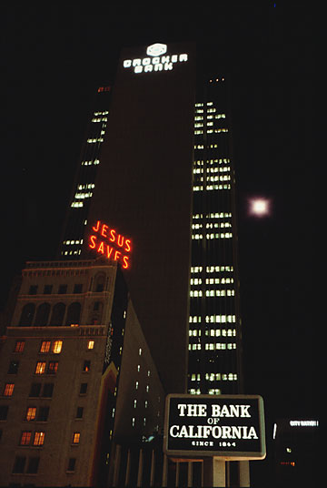 Jesus saves in the Bank of California and Grocker bank, night picture of of the sign and buildings