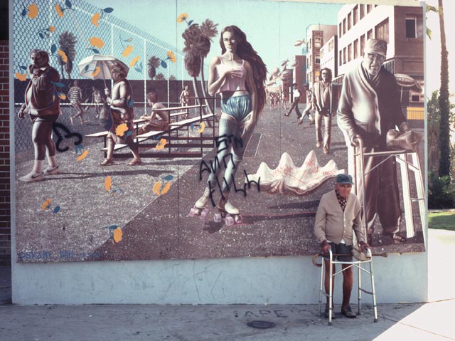 Bottichelli Birth of Venus mural with old man with walker posing and painted on the mural