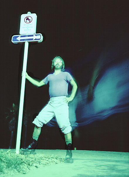 Roller skating prohibited. Roller skater self portrait with long exposure, looks like a ghost